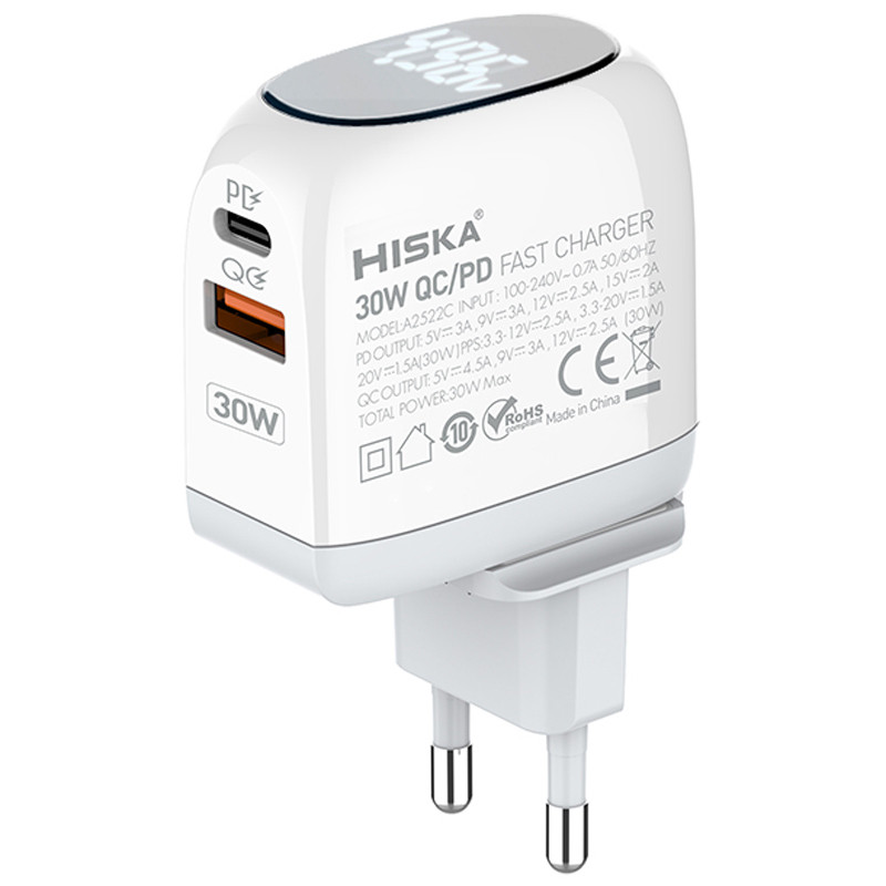 شارژر دیواری فست شارژ Hiska H-115PD 2Port QC3.0 PD 4.5A 30W Type-C + کابل تبدیل تایپ سی