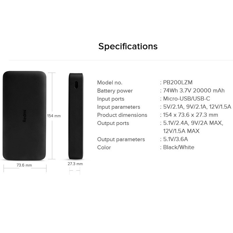 پاور بانک ۲۰۰۰۰ شیائومی Xiaomi Redmi PB200LZM High Copy 18W گلوبال