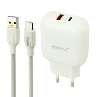 شارژر دیواری فست شارژ Hiska H-112 2Port QC3.0 3A PD 18W + کابل تایپ سی