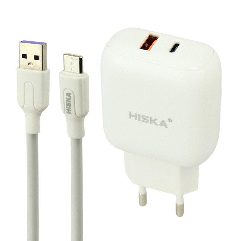 شارژر دیواری فست شارژ Hiska H-112 2Port QC3.0 3A PD 18W + کابل تایپ سی
