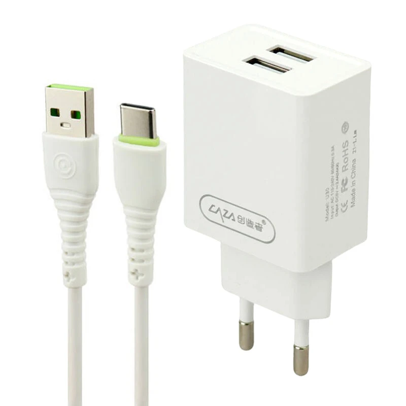 شارژر دیواری فست شارژ CAZA U30&KIT 2Port 2.4A + کابل تایپ سی