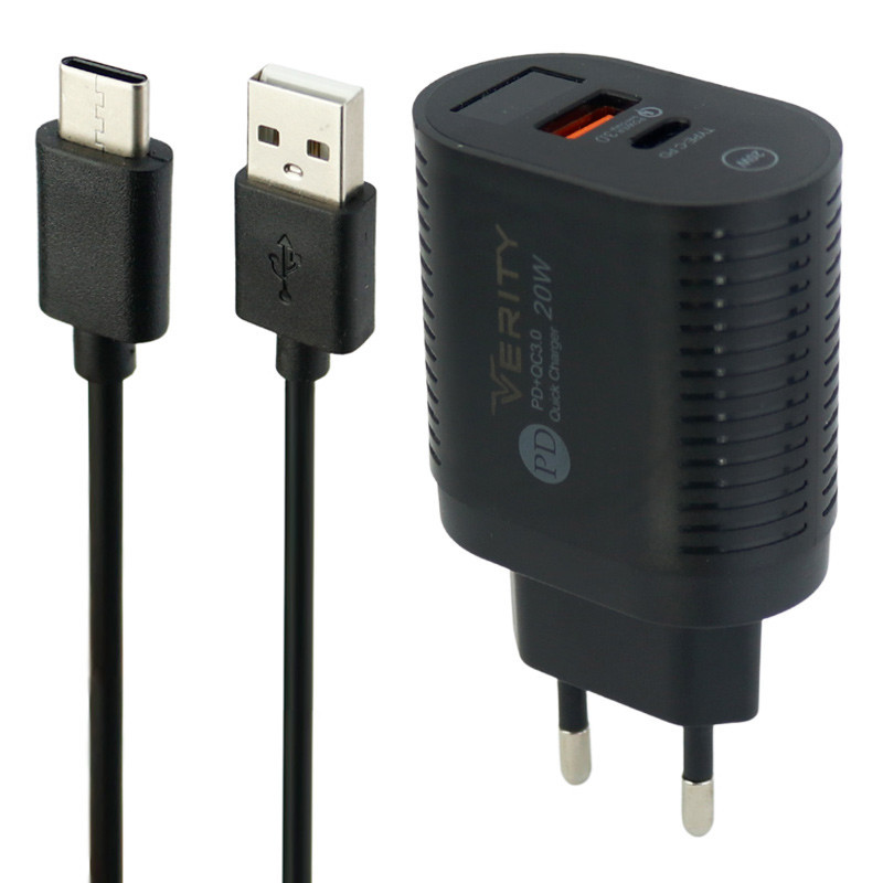 شارژر دیواری فست شارژ Verity AP-2119 2Port QC3.0 4A PD 20W + کابل Type-C