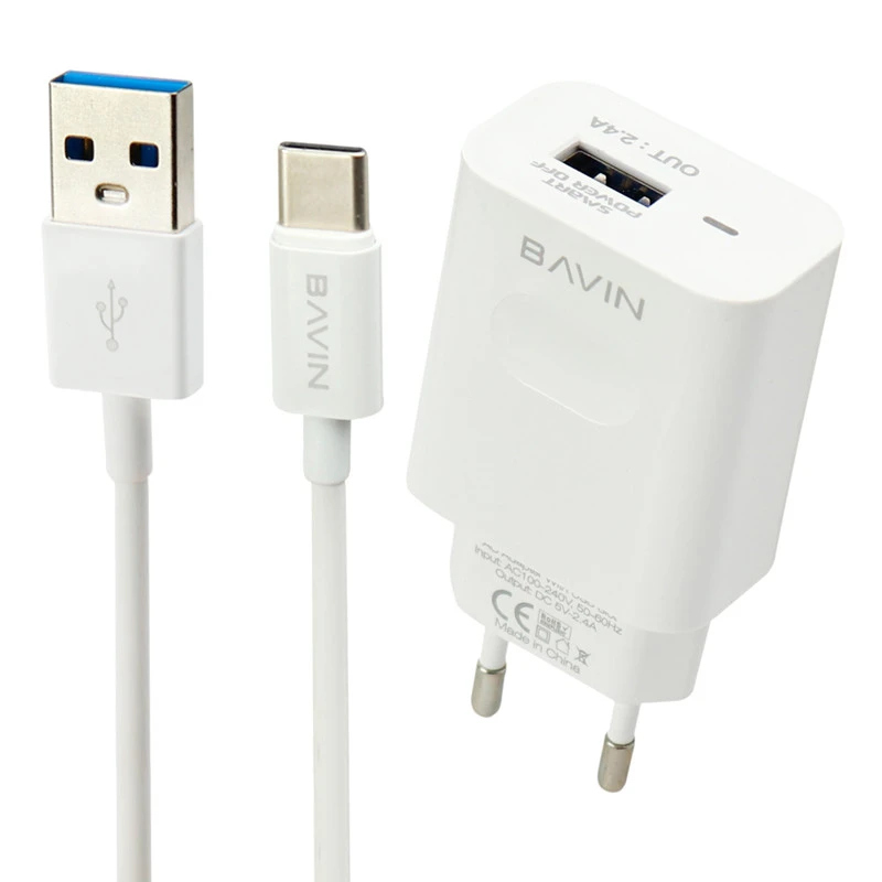شارژر دیواری Bavin PC318Y 2.4A + کابل Type-C