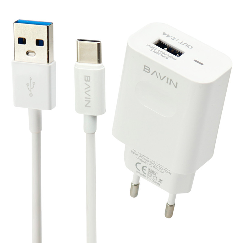 شارژر دیواری Bavin PC318Y 2.4A + کابل Type-C