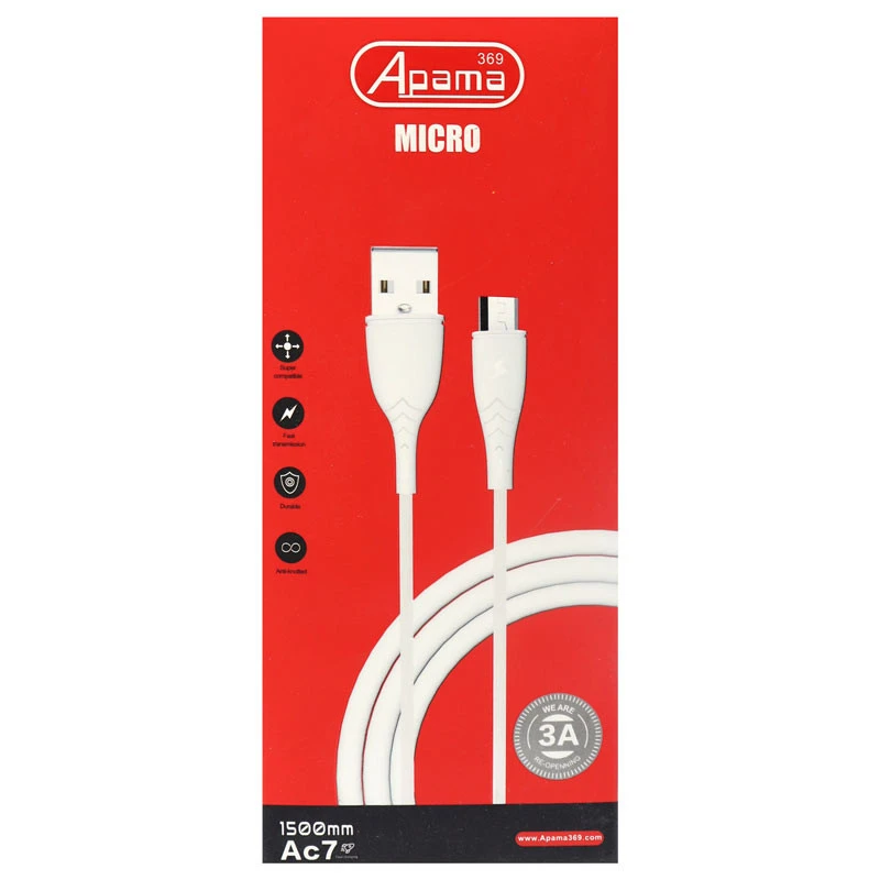 کابل میکرو یو اس بی فست شارژ Apama 369 AC7 3A 1.5m