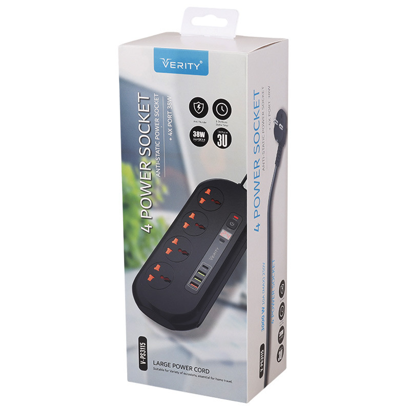 چند راهی 4 خانه برق ارت دار وریتی V-PS3115 با کابل 1.8 متری + شارژر USB و Type-C