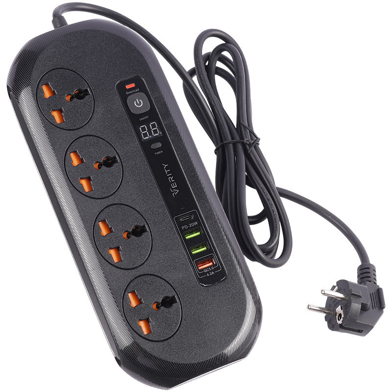 چند راهی 4 خانه برق ارت دار وریتی V-PS3115 با کابل 1.8 متری + شارژر USB و Type-C
