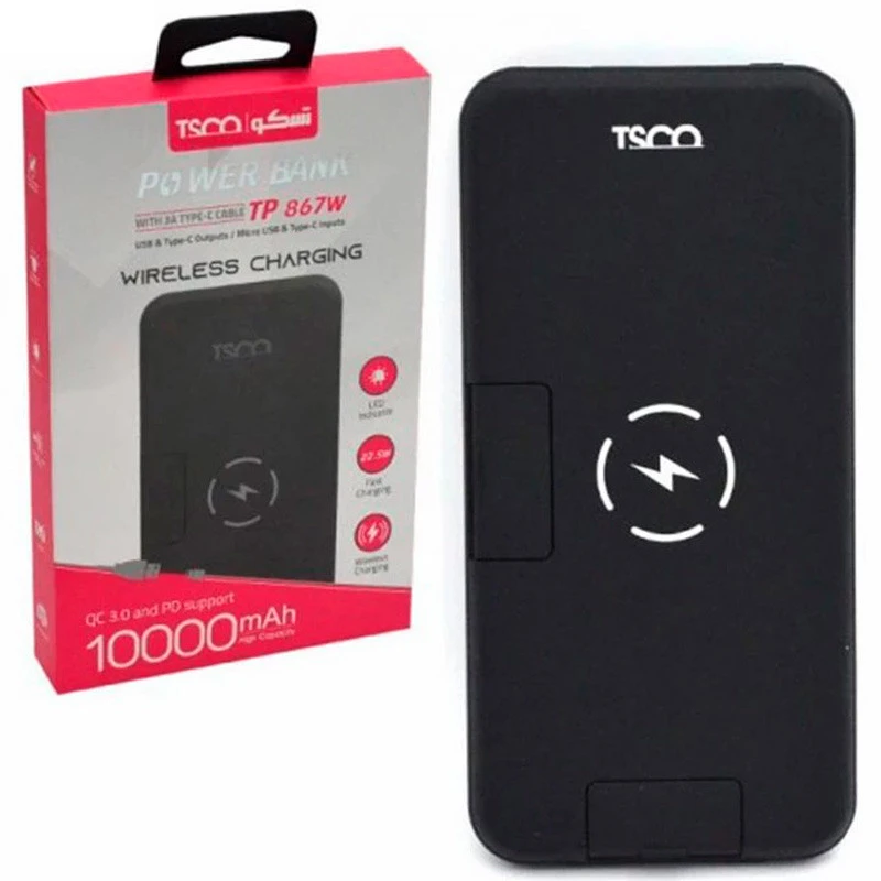 پاور بانک بی سیم فست شارژ ۱۰۰۰۰ تسکو TSCO TP 867W QC3.0 PD 22.5W