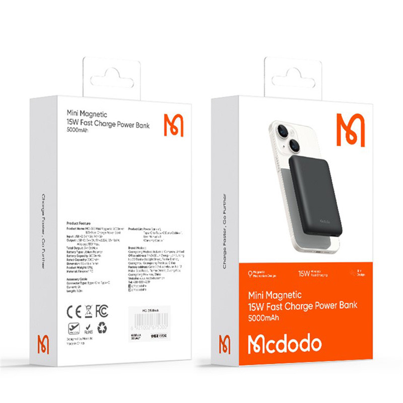 پاور بانک بی سیم فست شارژ مک دودو MC-395 PD 15W ظرفیت 5000 میلی آمپر ساعت