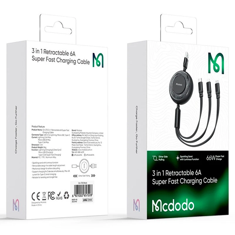 کابل ۳ سر فست شارژ Mcdodo Sparkling Series CA-373 6A 66W 1.2m