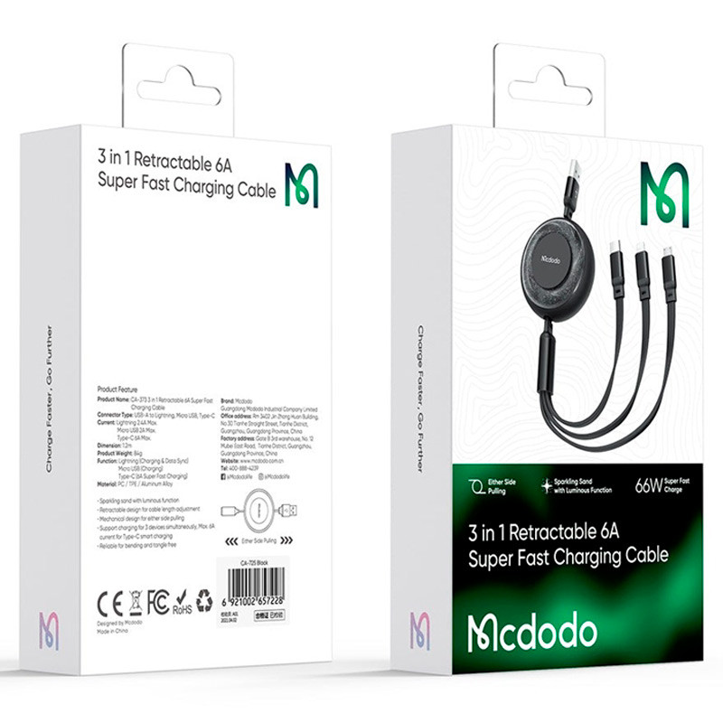کابل ۳ سر فست شارژ Mcdodo Sparkling Series CA-373 6A 66W 1.2m