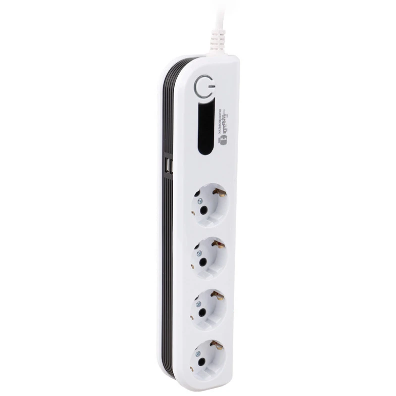 محافظ برق صوتی تصویری ۴ خانه ارت دار الکتروپیک با کابل ۲ متری PWS-04L2-Soma + شارژر USB