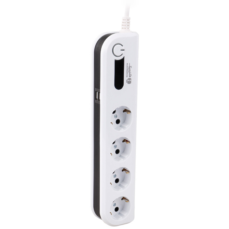 محافظ برق صوتی تصویری ۴ خانه ارت دار الکتروپیک با کابل ۲ متری PWS-04L2-Soma + شارژر USB