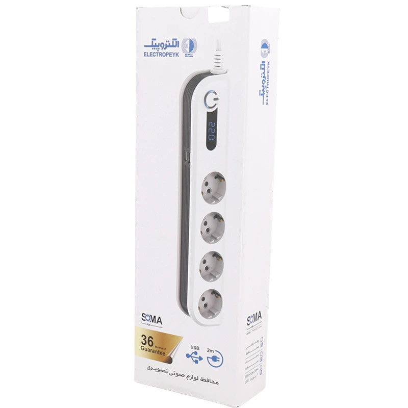 محافظ برق صوتی تصویری ۴ خانه ارت دار الکتروپیک با کابل ۲ متری PWS-04L2-Soma + شارژر USB