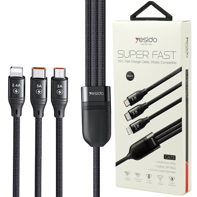 کابل ۳ سر فست شارژ Yesido CA73 5A 1.2m