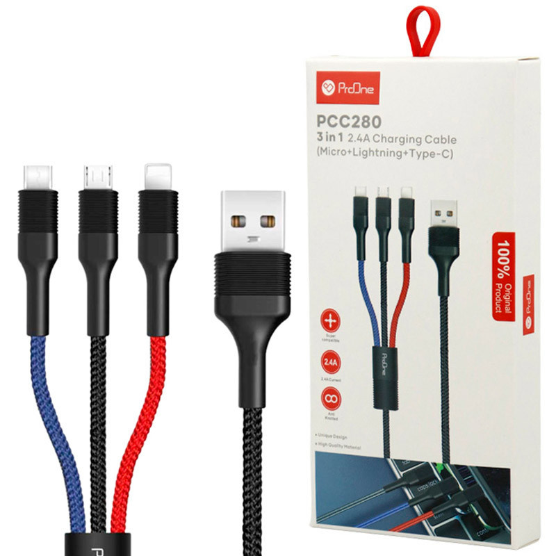 کابل ۳ سر فست شارژ ProOne PCC280 2.4A 1m