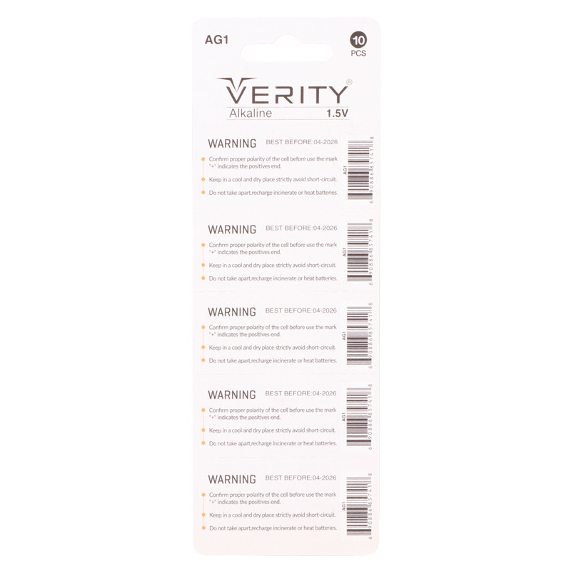 باتری سکه ای Verity Alkaline AG1 بسته ۱۰ عددی