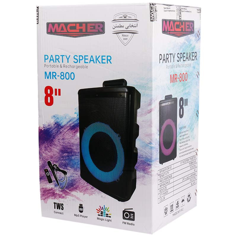 اسپیکر چمدانی بلوتوثی رم و فلش خور Macher MR-800 + میکروفون و ریموت کنترل