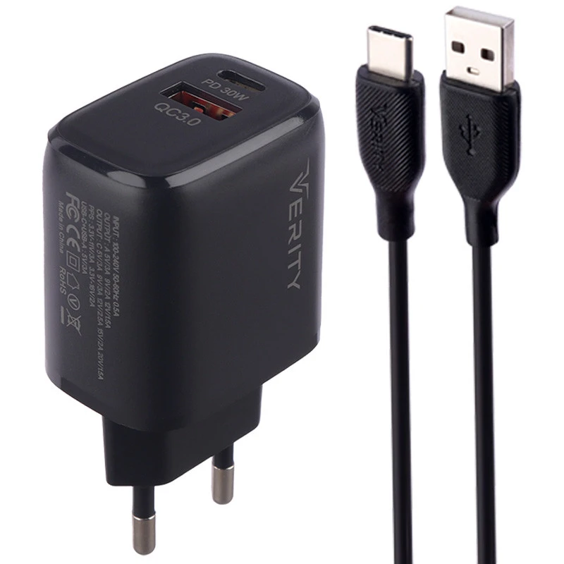 شارژر دیواری فست شارژ Verity AP 2126 0.5A QC3.0 PD 33W + کابل تایپ سی
