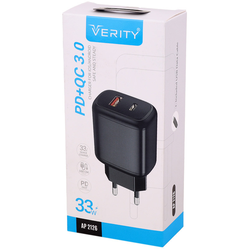 شارژر دیواری فست شارژ Verity AP 2126 0.5A QC3.0 PD 33W + کابل تایپ سی