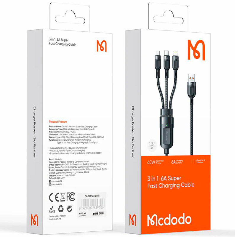 کابل ۳ سر فست شارژ Mcdodo Grenade Series CA-0930 6A 66W 1.2m