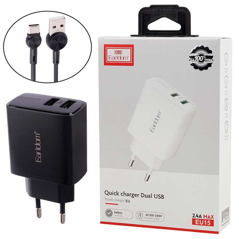 شارژر دیواری فست شارژ Earldom ES-EU15 2.4A 12W + کابل تایپ سی