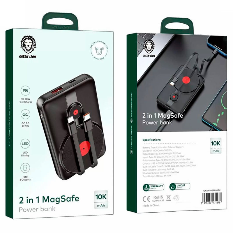 پاور بانک بی سیم فست شارژ ۱۰۰۰۰ گرین لاین Green Lion 2 In 1 Magsafe QC3.0 PD 22.5W