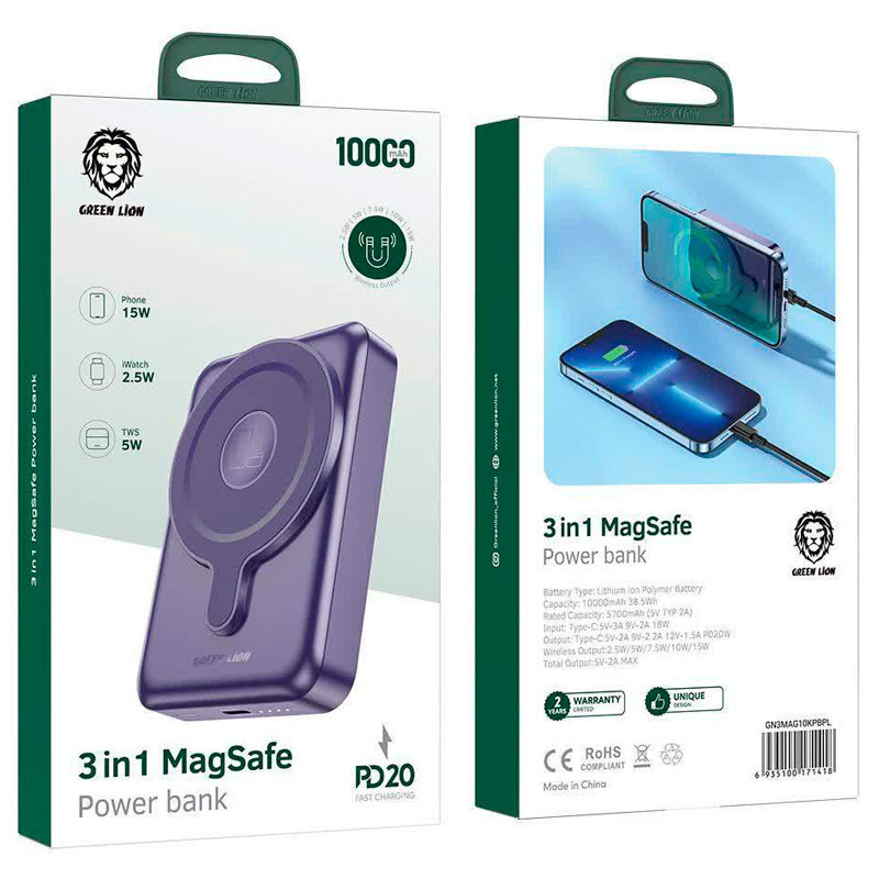 پاور بانک بی سیم فست شارژ ۱۰۰۰۰ گرین لاین Green Lion 3 In 1 Magsafe PD 20W