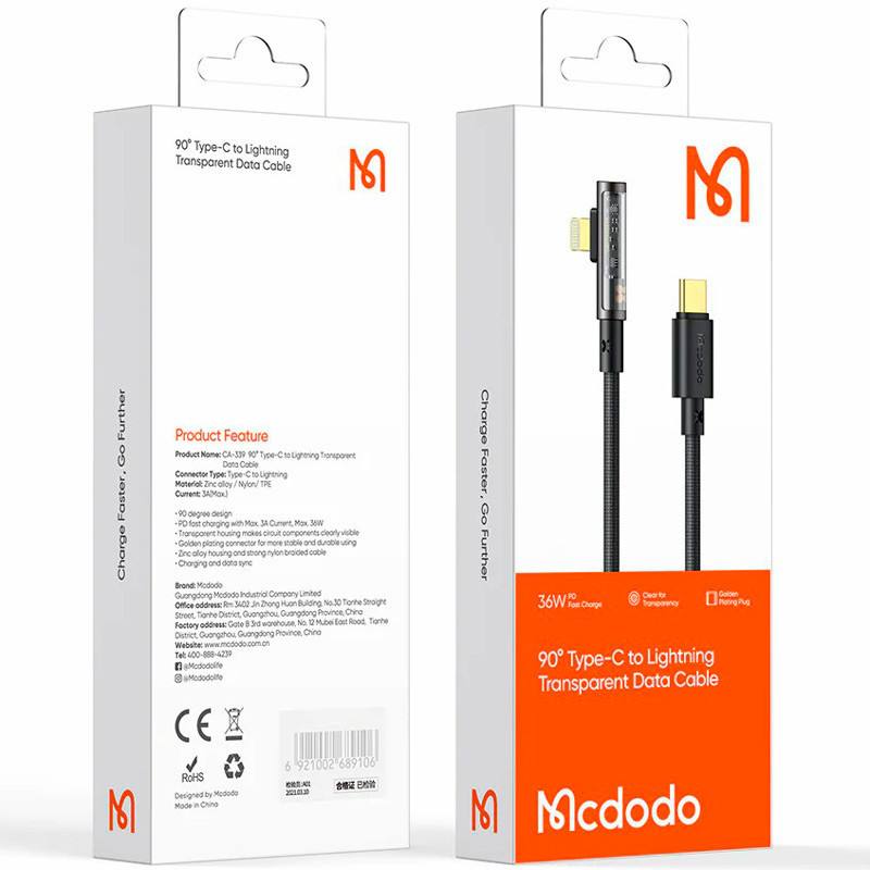 کابل تبدیل فست شارژ Mcdodo CA-339 Type-C To Lightning 3A PD 36W 1.8m یکسر L