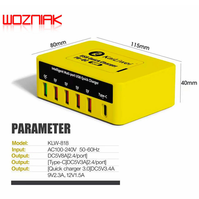 شارژر و تستر Kailiwei KLW-818 6Port QC3.0 PD 40W Type-C/USB