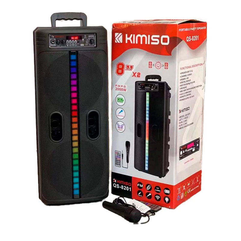 اسپیکر چمدانی بلوتوثی رم و فلش خور Kimiso QS-8201 + میکروفون و ریموت کنترل