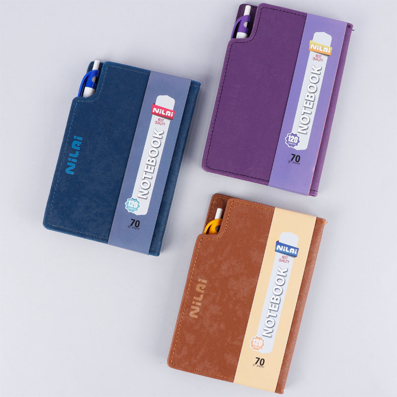 دفترچه یادداشت چرمی 120 برگ نیلای + خودکار