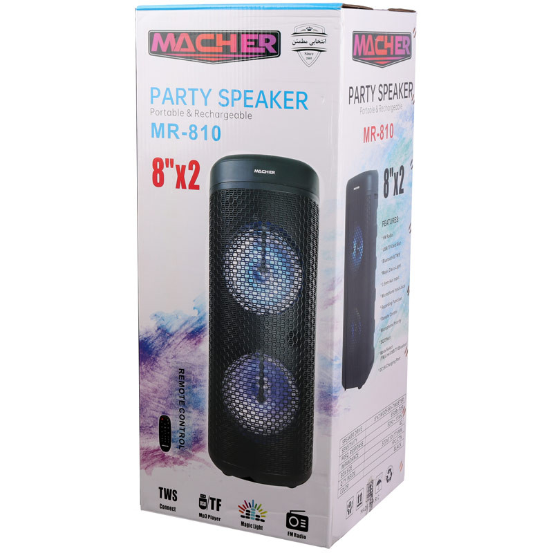 اسپیکر چمدانی بلوتوثی رم و فلش خور Macher MR-810 + میکروفون و ریموت کنترل