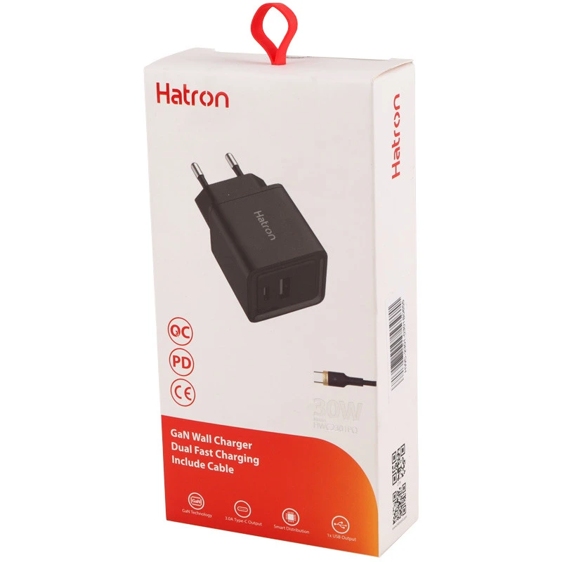 شارژر دیواری فست شارژ Hatron HWC2301PQ 2Port QC3.0 PD 3A 30W + کابل تبدیل تایپ سی