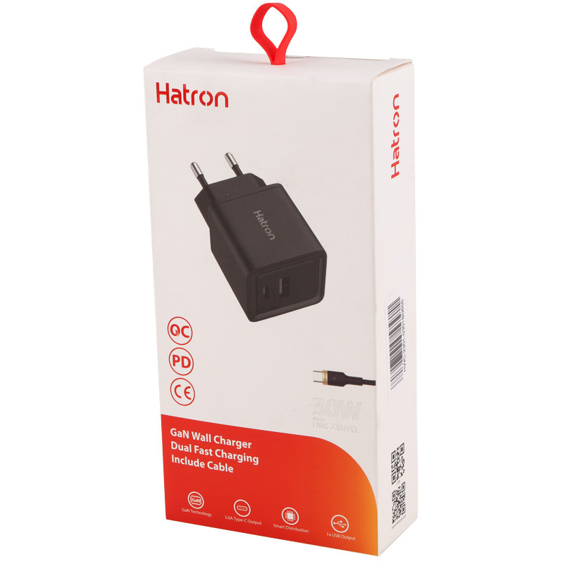 شارژر دیواری فست شارژ Hatron HWC2301PQ 2Port QC3.0 PD 3A 30W + کابل تبدیل تایپ سی