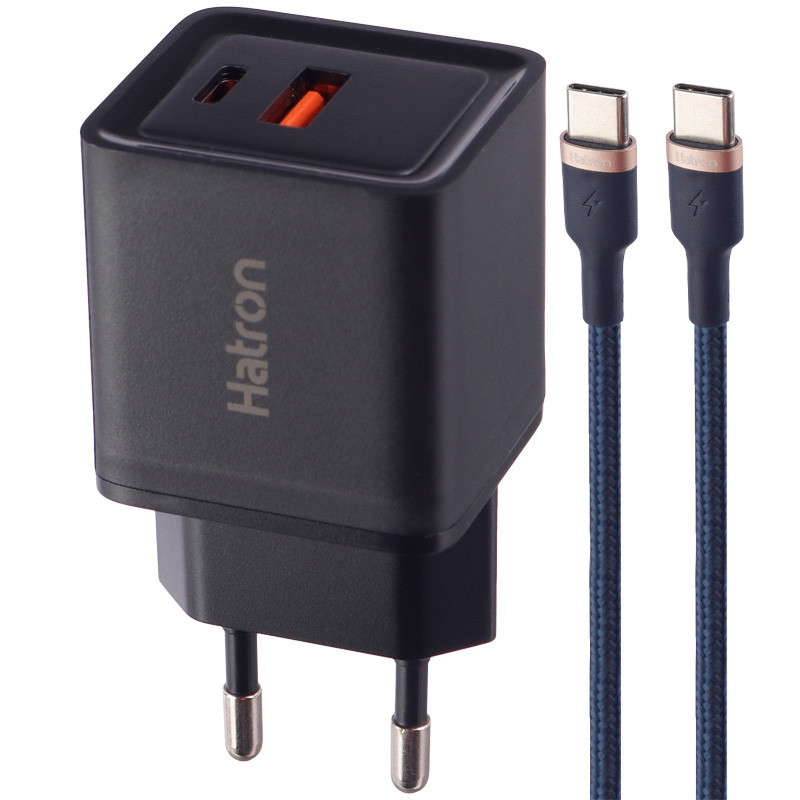 شارژر دیواری فست شارژ Hatron HWC2301PQ 2Port QC3.0 PD 3A 30W + کابل تبدیل تایپ سی