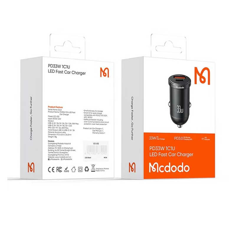 شارژر فندکی فست شارژ Mcdodo CC-232 QC3.0 PD 3A 33W