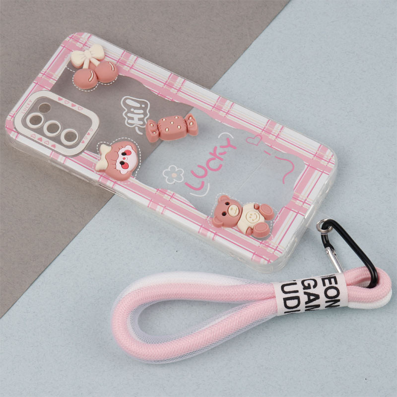 قاب ژله ای عروسک برجسته محافظ لنزدار + بند آویز لنیارد Samsung Galaxy A03s