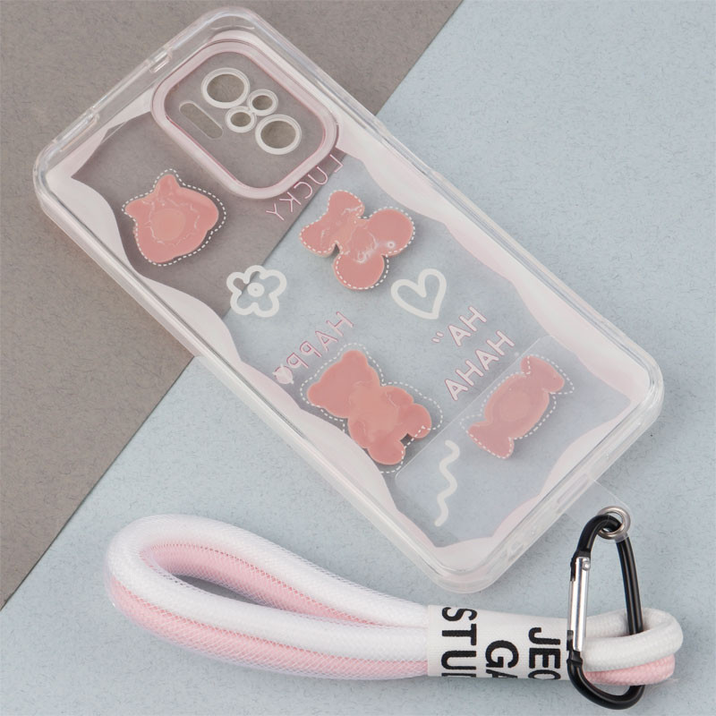 قاب ژله ای عروسک برجسته محافظ لنزدار + بند آویز لنیارد Xiaomi Redmi Note 10 / Poco M5s