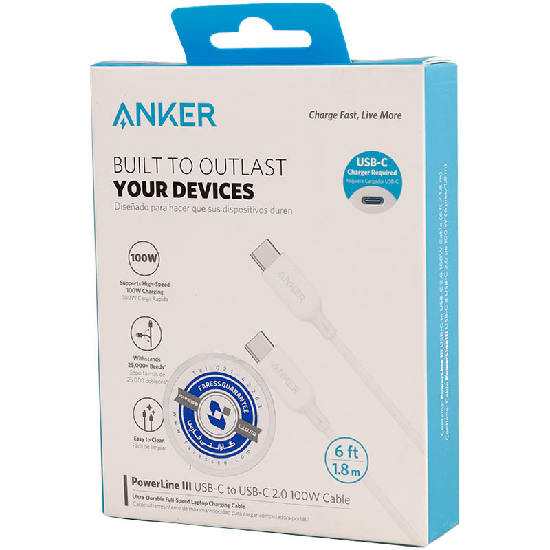 کابل تبدیل فست شارژ Anker PowerLine III A8856H21 Type-C to Type-C PD 100W 1.8m