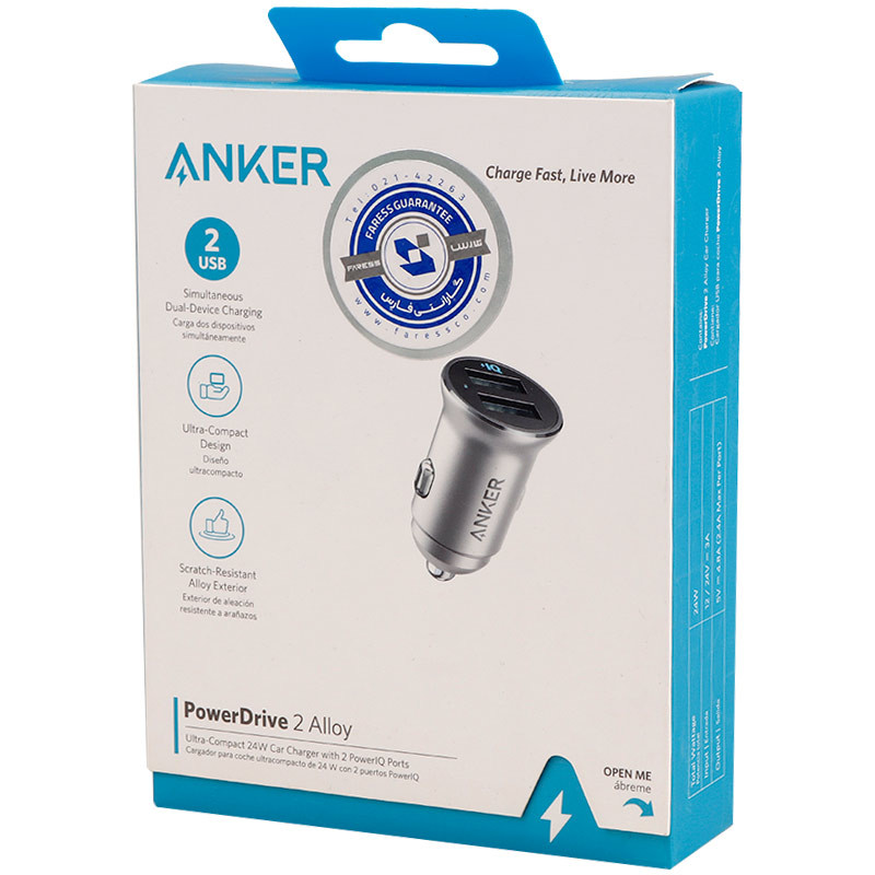 شارژر فندکی فست شارژ Anker PowerDrive 2 ALLOY A2727H42 2.4A 12W