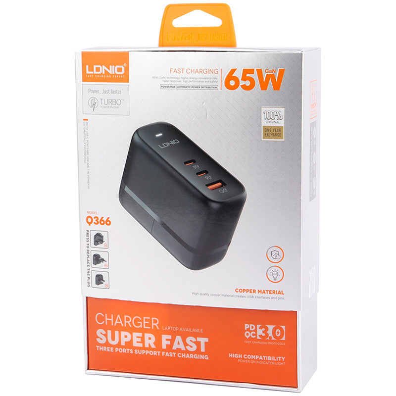 شارژر دیواری 65 وات الدینیو Q366 GaN QC4.0+ PD3.0 5A+ کابل تبدیل تایپ سی