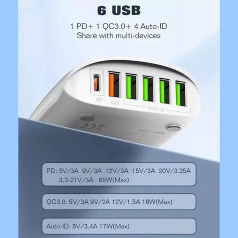 شارژر دیواری فست شارژ Ldnio A6573C 6Port 3.25A QC3.0 PD 65W