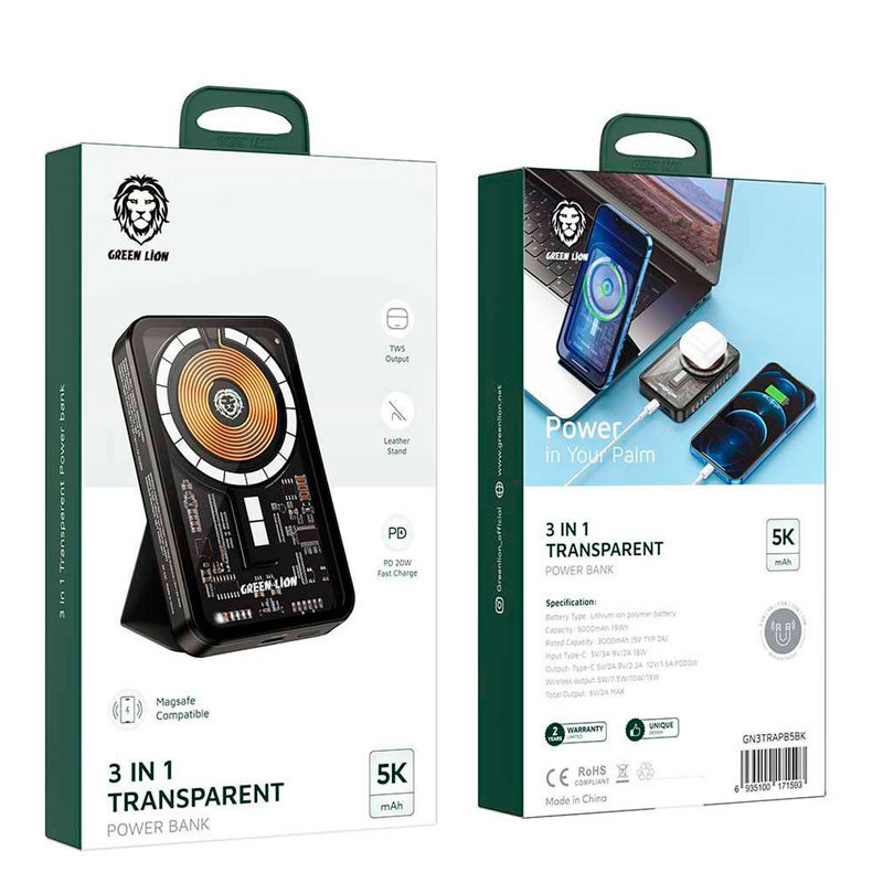 پاور بانک بی سیم فست شارژ 5000 گرین لاین Green Lion 3 In 1 Transparent Magsafe PD 20W