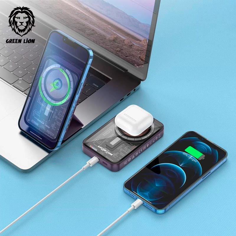 پاور بانک بی سیم فست شارژ 5000 گرین لاین Green Lion 3 In 1 Transparent Magsafe PD 20W