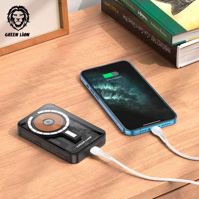 پاور بانک بی سیم فست شارژ 5000 گرین لاین Green Lion 3 In 1 Transparent Magsafe PD 20W