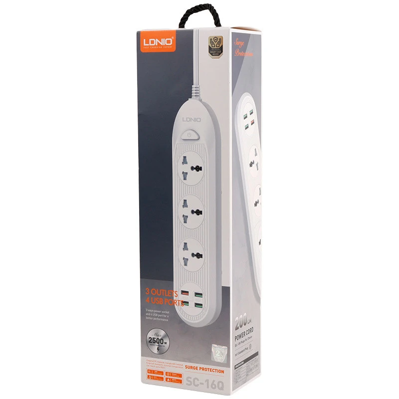 چند راهی 3 خانه برق ارت دار الدینیو SC-16Q با کابل 2 متری + شارژر USB