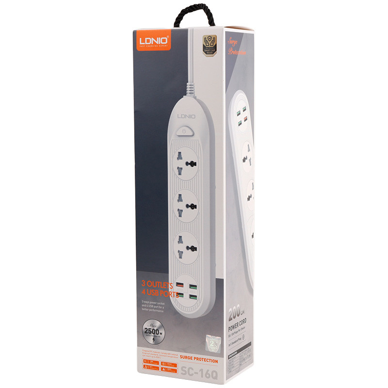 چند راهی 3 خانه برق ارت دار الدینیو SC-16Q با کابل 2 متری + شارژر USB