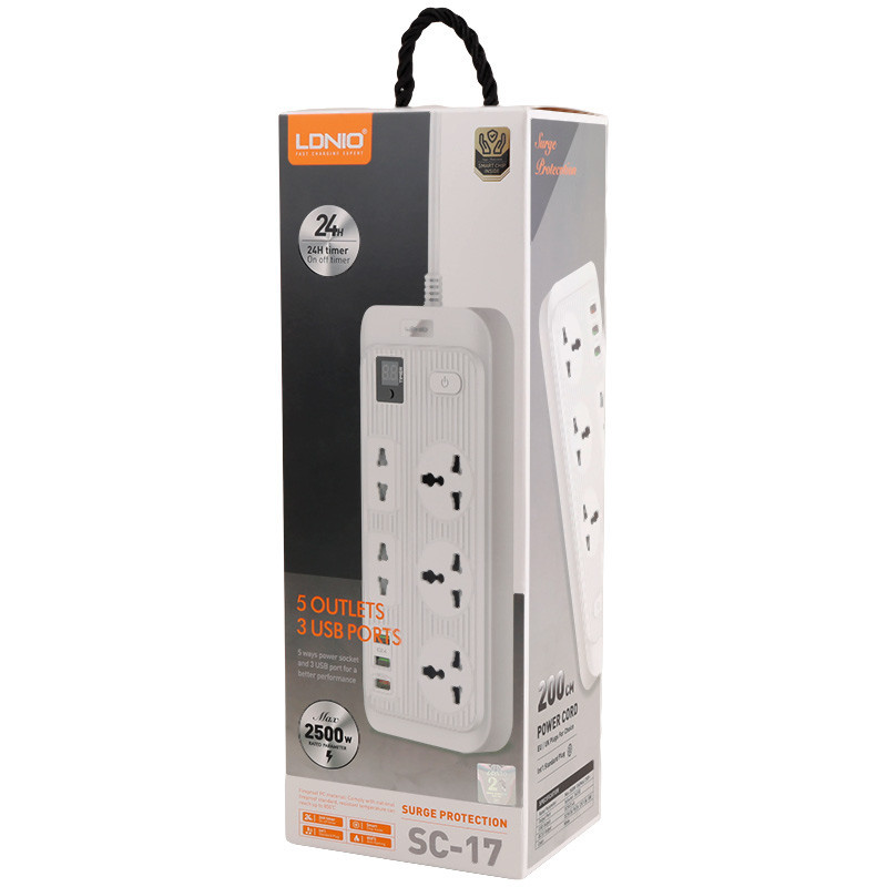 چند راهی 3 خانه برق ارت دار الدینیو SC-17 با کابل 2 متری + شارژر USB