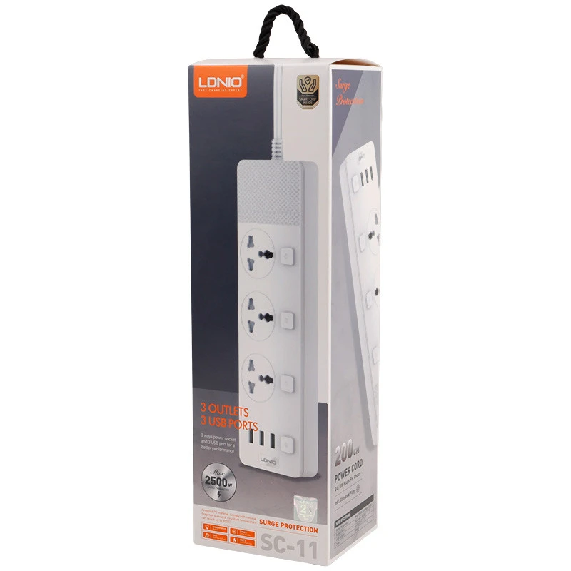 چند راهی 3 خانه برق ارت دار الدینیو SC-11 با کابل 2 متری + شارژر USB